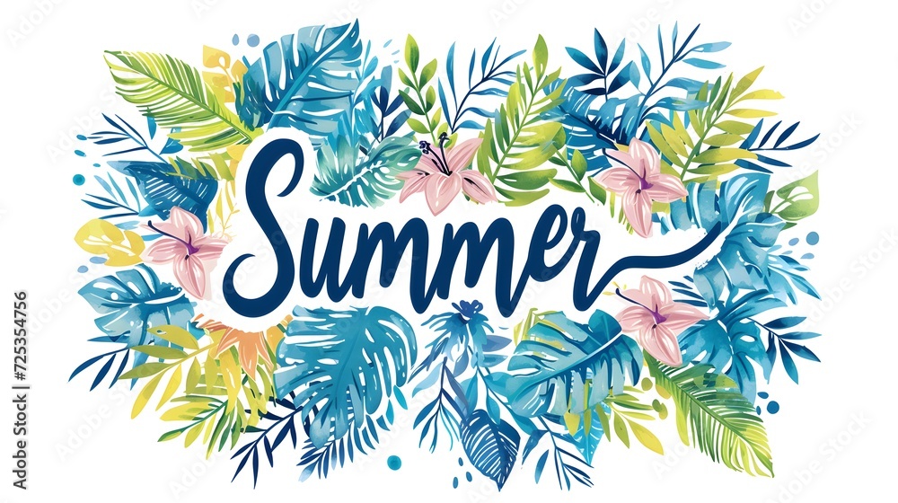 Summer tropical design for a banner or flyer with palm leaves, hibiscus flowers and a manuscript. Trendy texture. Season vocation, weekend, holiday logo.