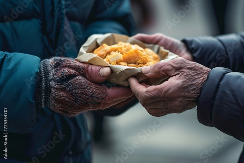 Volunteer hands giving to poor old homeless man food. Donation, charity, sharing, help and hope concept, Generative AI 