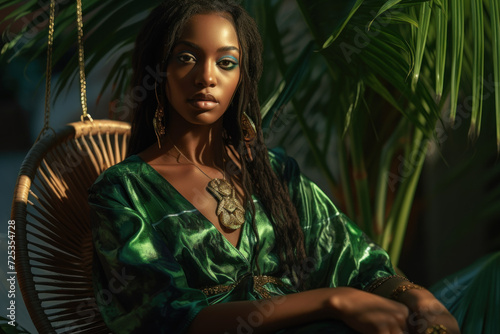 A beautiful black woman smiles outdoors in a forest, wearing a fashionable green dress, surrounded by trees and nature