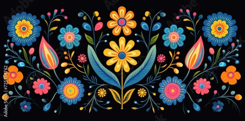 Wallpaper Mural Vibrant Mexican Floral Artistry on Black - Bold and Colorful Abstract Design - Generative AI Torontodigital.ca