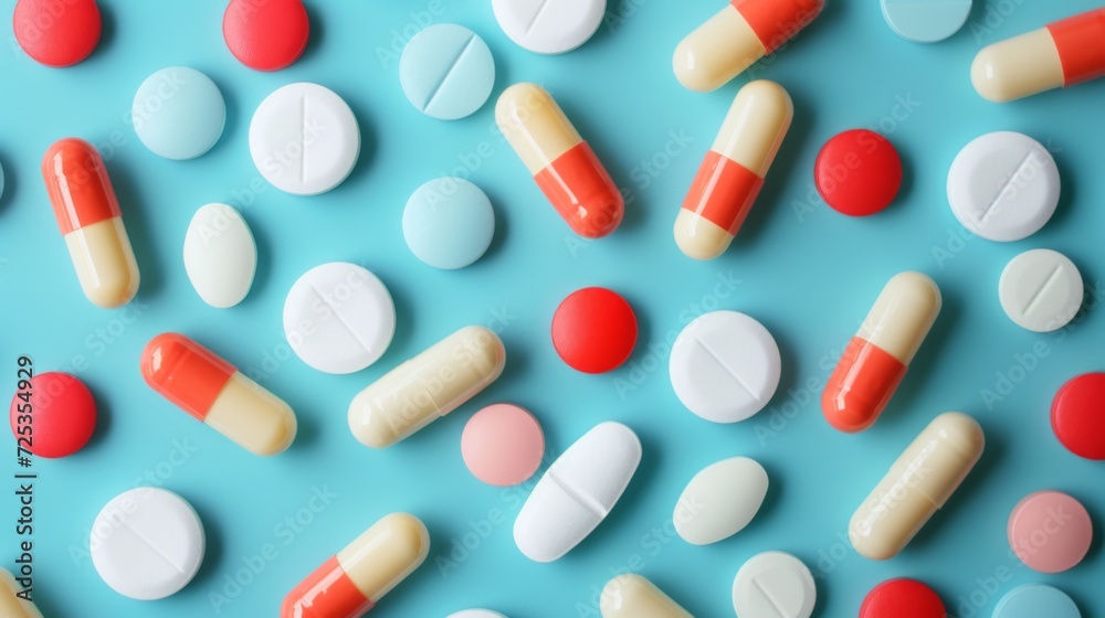 Closeup colorful medical pills and capsules on a blue background. Medicine for treatment. Pharmaceuticals Closeup colorful medical pills and capsules on a blue background. Medicine for treatment. Pharmaceuticals