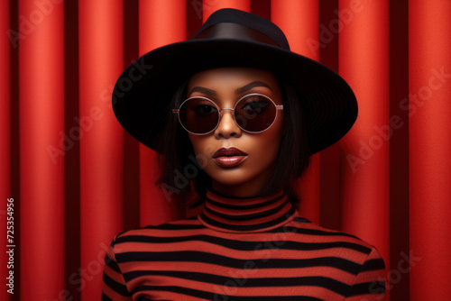 Stylish black woman wearing sunglasses and fashionable hat, poses against a red wall
