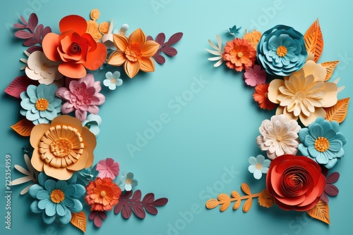 Flower frame made of paper flowers and leaves on blue background