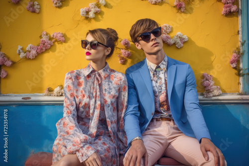 portrait of young fashion couple posing, wearing stylish sunglasses, love, joy, summer day