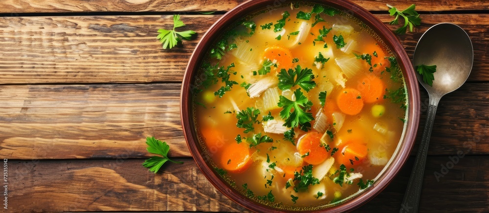 Close up view of homemade chicken vegetable soup on a wooden background. Close up view of homemade chicken vegetable soup on a wooden background.