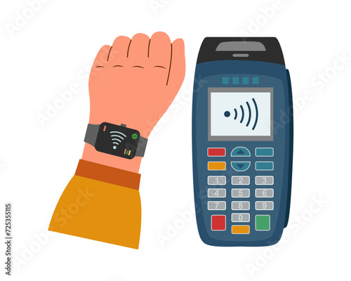 Payment terminal and hand with smart watch. Contactless payment concept. Technology concept.	