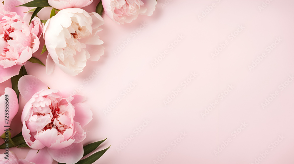 A pink background with a pink flowers, Romantic Wedding pink flowers copy space, Peonies, roses on pink background with copy space, AI generated - obrazy, fototapety, plakaty 