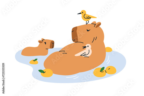 Happy capybara family. Cute capy mom and baby. Funny capibara mother and cub ...