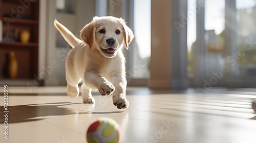 Cute puppy playing with a rubber ball, at home