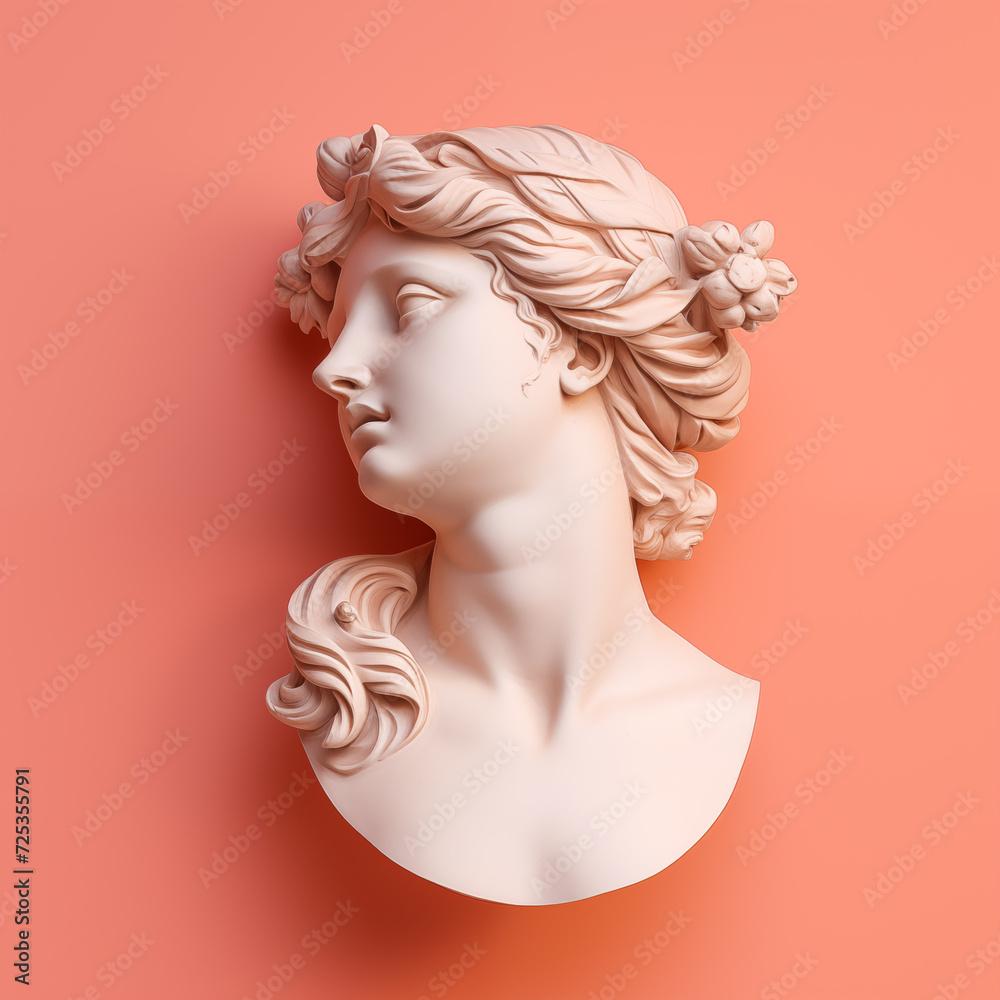 Antique statue bust of female woman with long hair on pink background. 