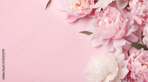 A pink background with a pink flowers, Romantic Wedding pink flowers copy space, Peonies, roses on pink background with copy space, AI generated © Iqra Iltaf