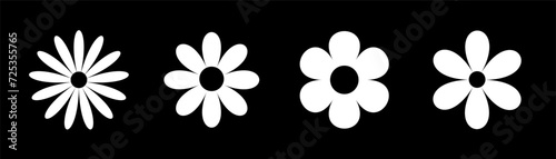 Four white chamomile round icon. White daisy camomile set line. Cute cartoon flower head plant collection. Love card symbol. Growing concept. Nature style. Flat design. Isolated. Black background. photo