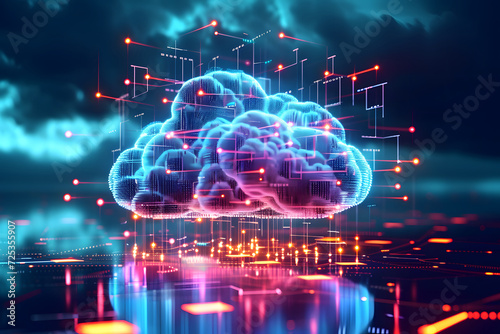 Digital data processing in the virtual cloud abstract background. Glowing digital cloud with pixels, lines, connectivity, and data flow in the virtual world. Cloud computing Background.