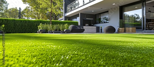 Exterior design with artificial turf as green background. photo