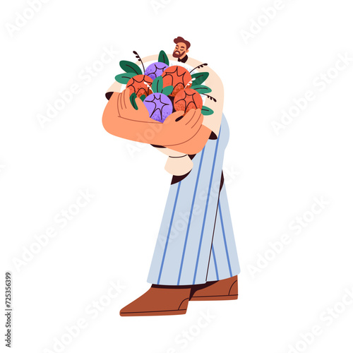 Man holding flower bunch. Happy male character smelling gorgeous spring floral bouquet. Modern person with summer blossomed blooms in hands. Flat vector illustration isolated on white background