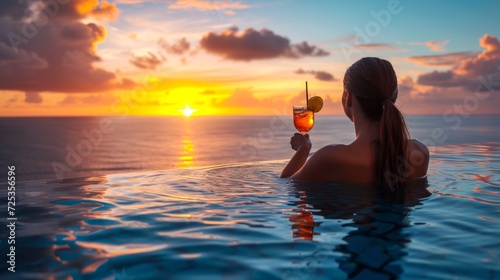 Woman watching the sunset with a cocktail in an infinity pool