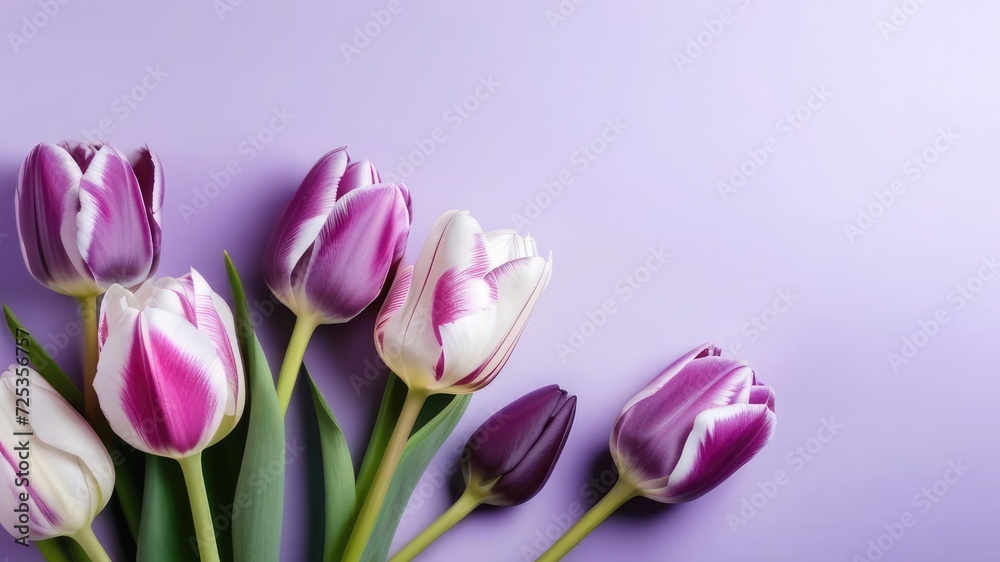 Obraz premium Bouquet of colorful spring flowers on purple background. Mothers day, Valentines Day, Easter concept. Greeting card. top view