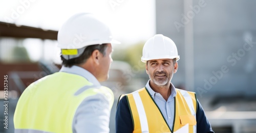 Construction safety discussion between worker and inspector.