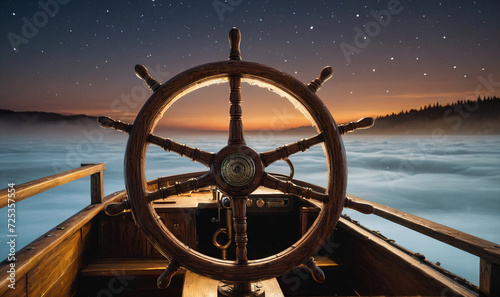 pov view of whooden boat steering wheel aut dusk, generative AI photo