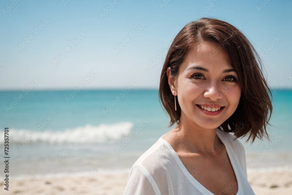 Beautiful and stylish senior woman standing at the beach with copy space, smiling and looking at the camera. Summer Holiday and Vacation Concept. Beautiful and stylish senior woman standing at the beach with copy space, smiling and looking at the camera. Summer Holiday and Vacation Concept.