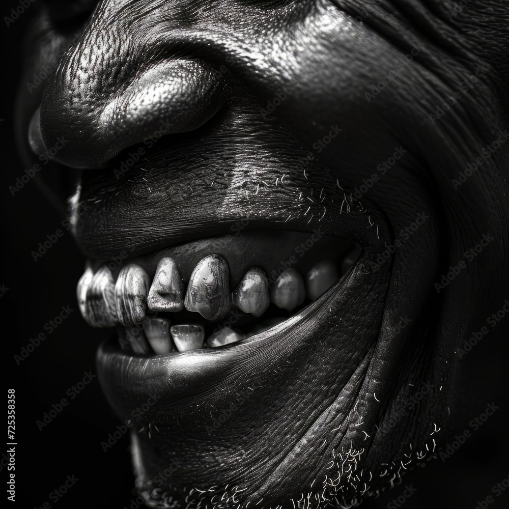 Obraz premium close up of african american man's mouth with black skin. A black-and-white portrait emphasizing the textures and details of a toothy grin, with dramatic lighting