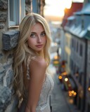 Portrait of a beautiful blonde girl in a white dress on the background of the city.
