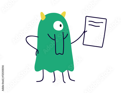Cute funny character holding business paper sheet in hand. Comic fiction offi...