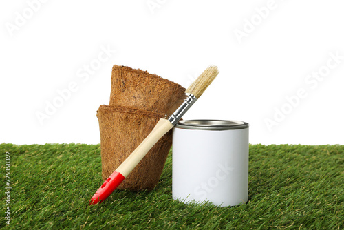 PNG, Flower pots, brush and can of paint on grass, isolated on white background