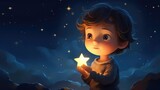 little boy holds a star in both hands, night sky background . Lovely illustration for young boy. --ar 16:9 --v 5.2 Job ID: f372af71-c012-4123-8788-7d05b606b571