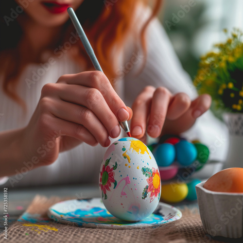 Woman painting an easter egg on table in a bright room, in the style of colorful compositions