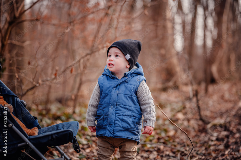 Little Boy Curious About Stroller. Toddler outside exploring a stroller, a blend of play and curiosity in the forest setting