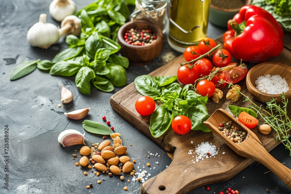 Fresh Cooking Ingredients with Herbs, Spices, and Vegetables on Dark Stone Background