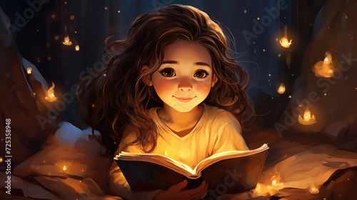 little girl holds a book in both hands, sitting on her night bed, Lovely illustration for young girls. --ar 16:9 --v 5.2 Job ID: 8e870aea-a9dd-4ca5-b267-c85645cb6f91