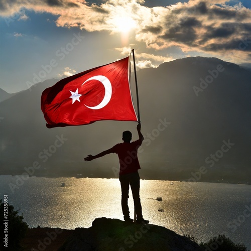 A man holding Turkish Flag top of the mountain 