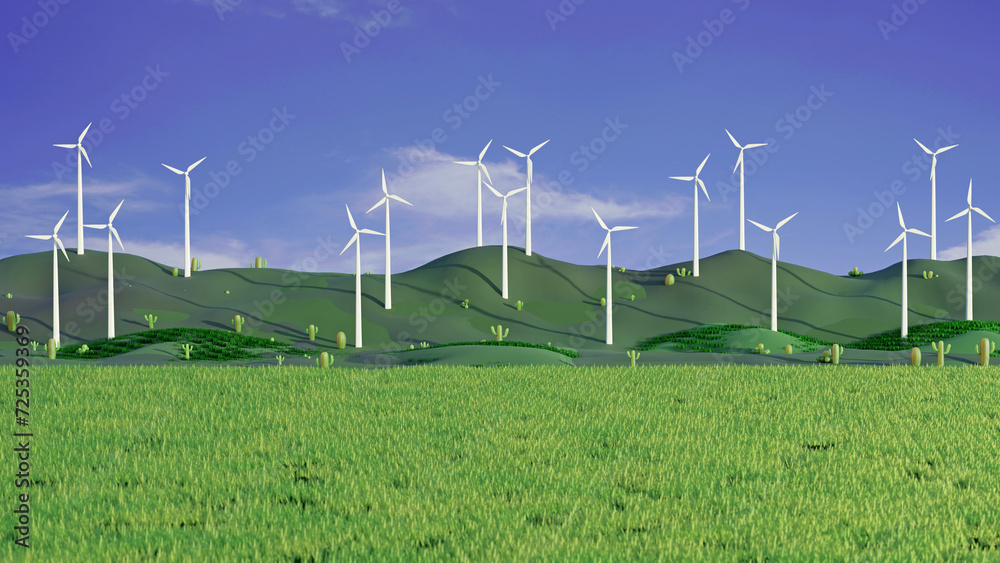 wind turbines farm on mountain hill near green grass field view background 3D rendering - obrazy, fototapety, plakaty 