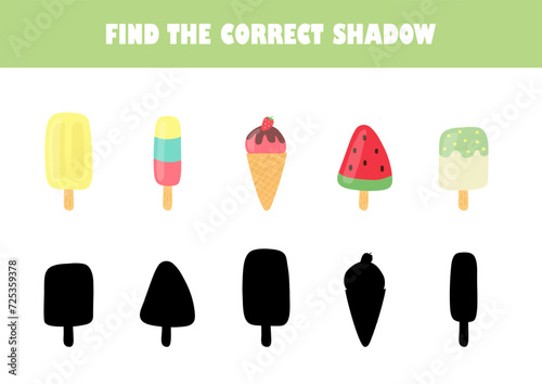 Preschool education matching game vector illustration. Find the correct shadow worksheet for early development.