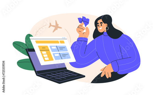 Tourist buying air flight tickets online. Aircraft, airplane checkin, boarding pass through internet. Woman booking plane trip, travel. Flat graphic vector illustration isolated on white background