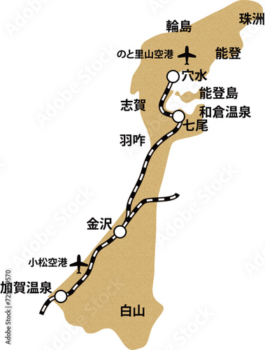 石川県の線路空港地名入り地図イラスト_コルク模様