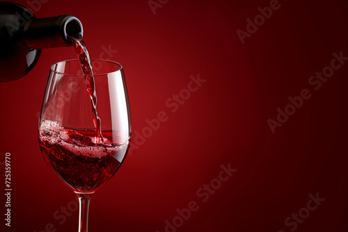 Red wine is poured from a bottle into a glass on a red background with space for text