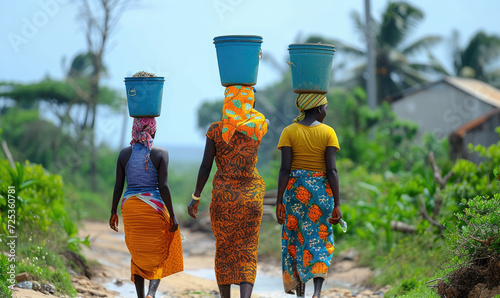 Women transport buckets of  water on their head in Tanzania interiors photo