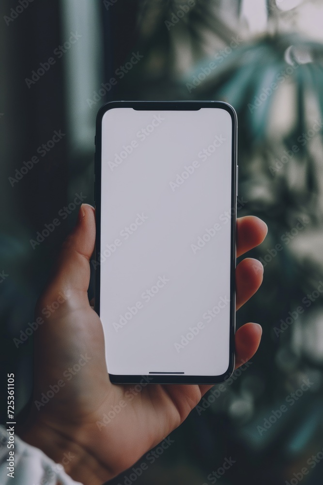 Mockup image of a woman holding black smartphone with blank white screen in her hand