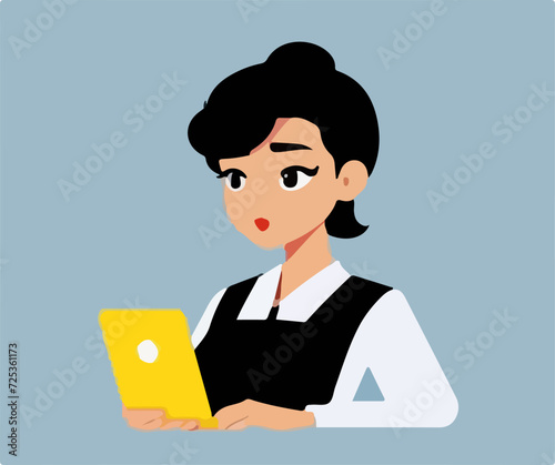 The girl works at a laptop. Flat style. Vector illustration