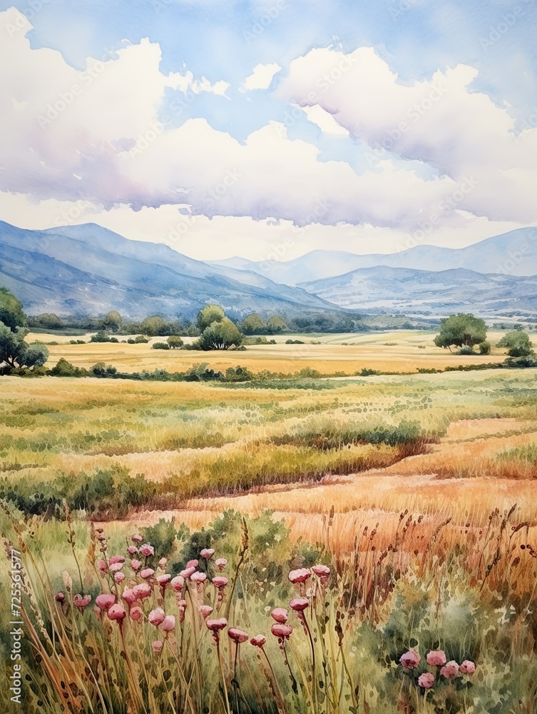 Fototapeta premium French Countryside Watercolors: Plateau Art Print featuring Expansive Views of Scenic Landscapes