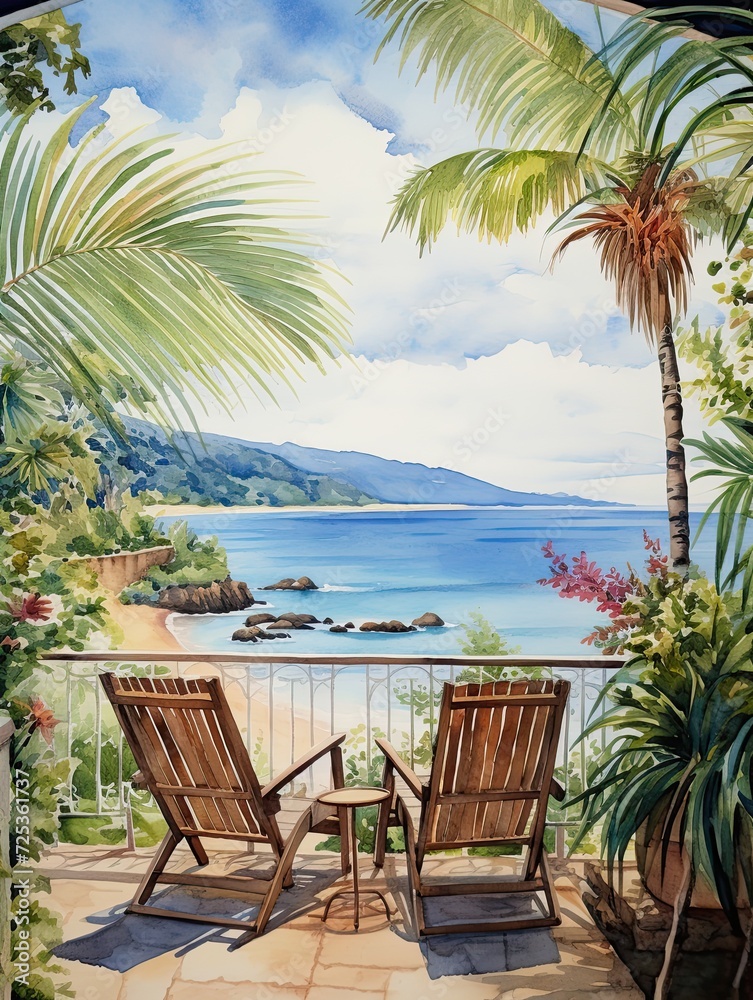 Fototapeta premium French Countryside Watercolors: Capturing French Coastal Charm and Seaside Views in Tropical Beach Art