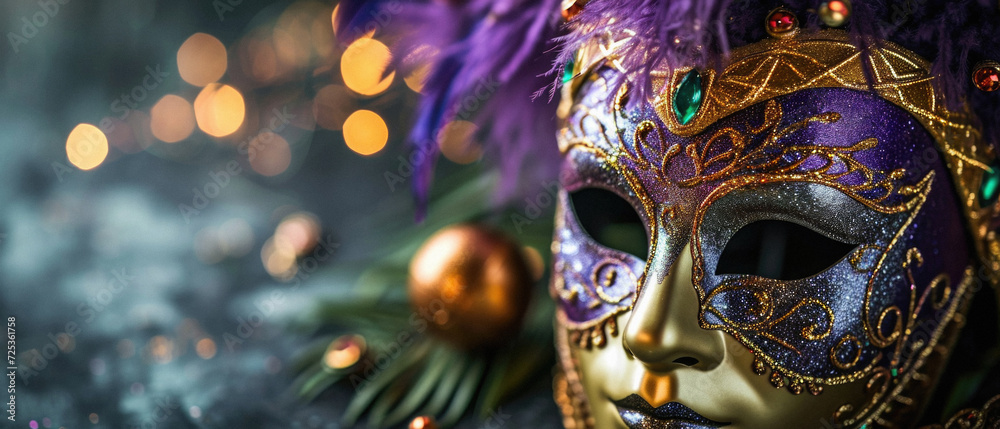 Mardi Gras venetian carnival mask with bokeh background.