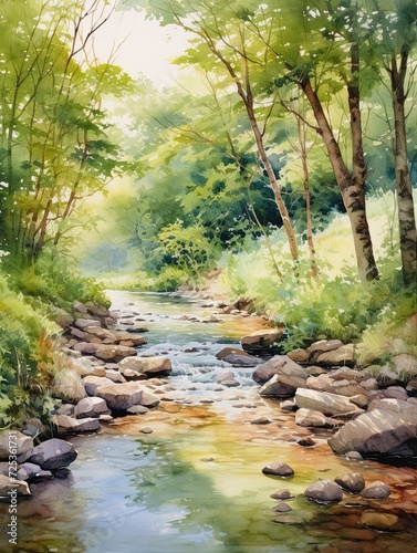 Tranquil Waters  French Countryside Watercolor Stream and Brook Art