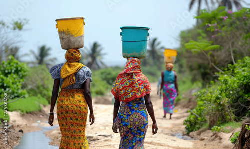 Women transport buckets of  water on their head in Tanzania interiors photo