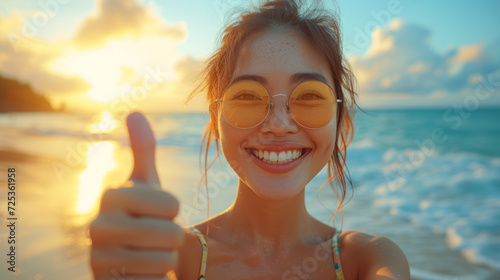 Young Asian woman with sunglasses at the beach taking a selfie picture doing the thumbs up gesture, during summer with beautiful sea in background