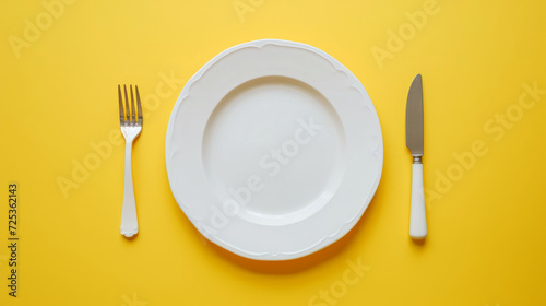 Top down view of a white plate isolated on yellow background with fork and knife with copy space photo