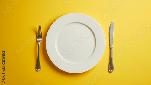 Top down view of a white plate isolated on yellow background with fork and knife with copy space